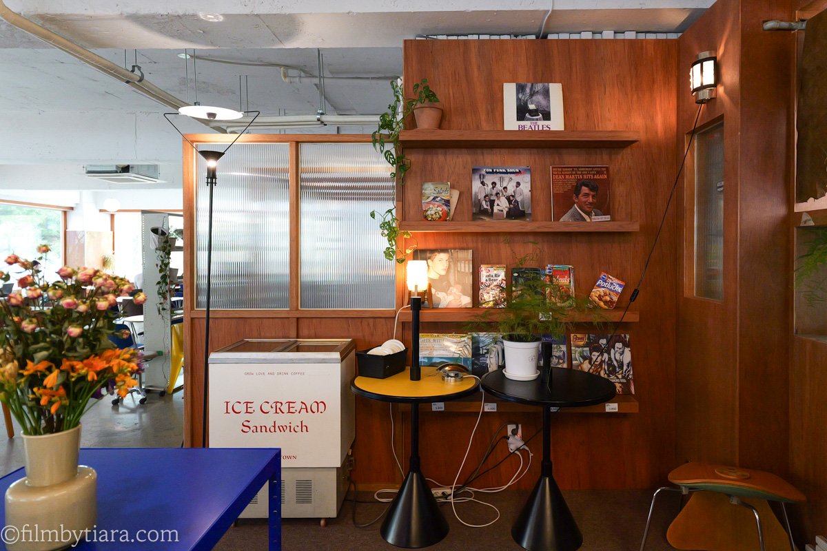 Wooden shelves displaying vinyl records including The Beatles next to small side tables with lamps