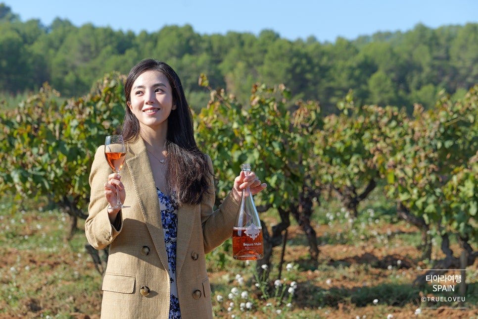 Woman holding a glass and bottle of rosé wine at Torres Winery vineyard in Catalonia, Spain