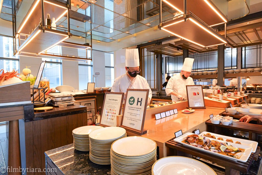 Sushi station and seafood counter at La Palette Paris hotel buffet