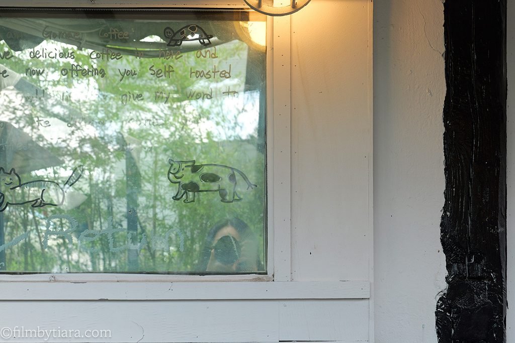 Handwritten note and animal doodles on window at Gomae Coffee