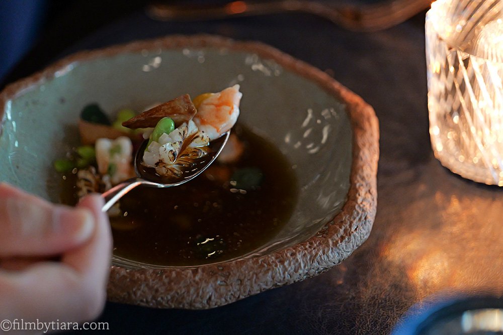 Close-up of Squid Tataki with finger lime and shrimp consommé at Mariposa at Fairmont Seoul (Course 2)