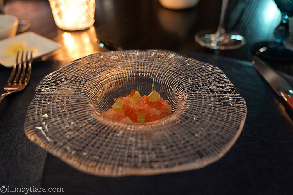 Palate cleanser sorbet and dining ambiance at Mariposa at Fairmont Seoul