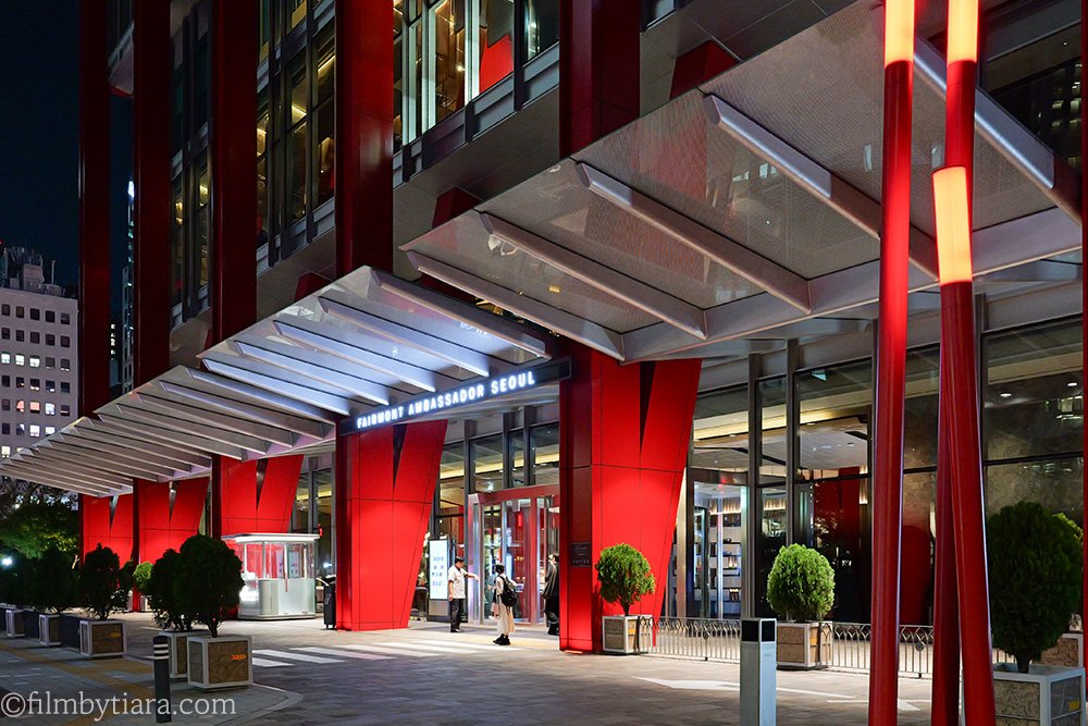 Fairmont Ambassador Seoul building entrance for Mariposa at Fairmont Seoul